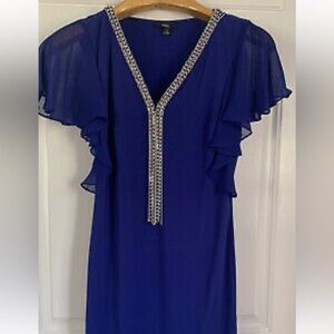 Beautiful Womens Royal Sapphire Blue Chandelier Necklace Dress w/Sheer Sleeve